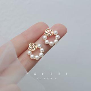 925 Sterling Silver Faux Pearl Rose Stud Earring 1 Pair - Gold & White - One Size