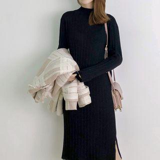 Mock Neck Slit Midi Knit Dress