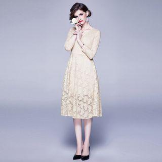 3/4-sleeve Lace A-line Midi Party Dress