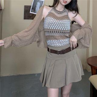 Halter-neck Argyle Print Top / Cardigan / A-line Skirt / Belt / Set