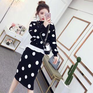 Set: Mock Two-piece Polka Dot Sweatshirt + H-line Skirt