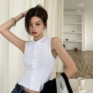 Sleeveless Plain Button-up Cropped Top