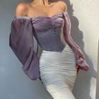 Off-shoulder Long Sleeve Ruched Satin Corset Top