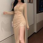 Set: Long-sleeve Drawstring T-shirt + Slit Midi A-line Skirt
