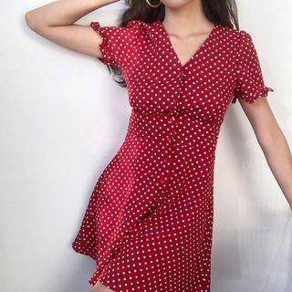 V-neck Dotted Print Midi Dress