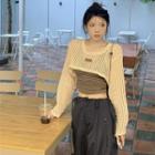 Set : Ribbed Top / Striped Cropped Tank Top Almond - One Size