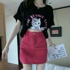 Short-sleeve Cat Print T-shirt / Denim Mini Skirt