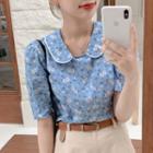 Short-sleeve Floral Blouse Blue - One Size