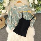 Set: Camisole Top + Floral Print Blouse Set Of 2 - Green - One Size