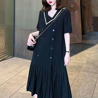 Elbow-sleeve A-line Shirt Dress Black - One Size