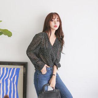 V-neck Dotted Chiffon Blouse