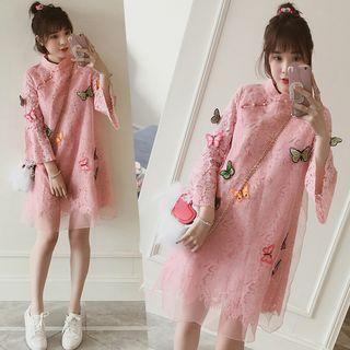 Butterfly Applique Bell-sleeve Mandarin Collar Dress