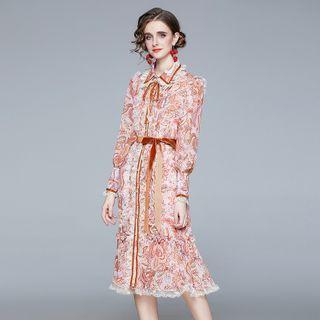 Set: Long-sleeve Floral Midi A-line Dress + Spaghetti Strap Midi A-line Dress