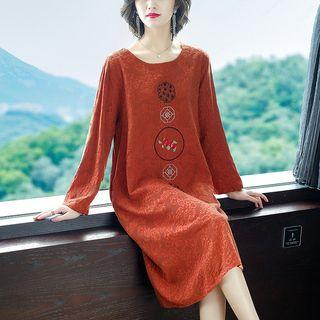 Long-sleeve Embroidered Midi Shift Dress