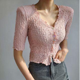 V Neck Ruffle Skinny Ruched Chiffon Short Sleeve Shirt