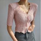 V Neck Ruffle Skinny Ruched Chiffon Short Sleeve Shirt