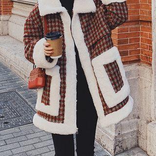 Fleece Panel Plaid Zip-up Coat