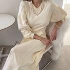 Bishop-sleeve Seam-trim Long Dress