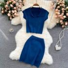 Set Of 2 : V-neck Knit Short-sleeve Top + Plain Knit Skirt