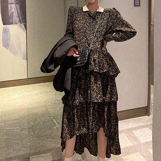 Collared Floral Print Tiered Midi Dress As Shown In Figure - One Size