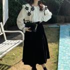 Flower Accent Blouse / Midi A-line Skirt