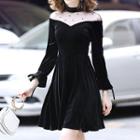 Long-sleeve Sheer Panel Velvet A-line Dress