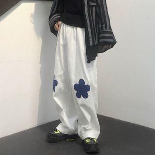 Flower Embroidered High Waist Wide Leg Pants