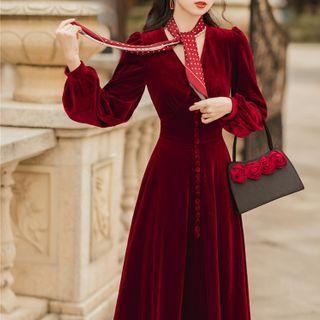 Set: Long-sleeve Midi A-line Velvet Dress + Scarf