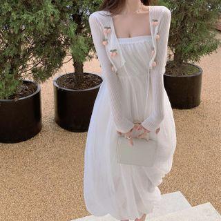 Strapless Midi A-line Dress / Cherry Accent Cropped Cardigan