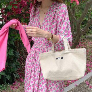 Long-sleeve Floral Midi A-line Dress Pink & Green & White - One Size