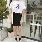 Set: Printed Short Sleeve T-shirt + Contrast Trim Mini Skirt