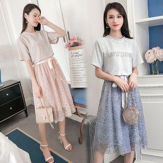 Set: Letter Embroidered Short-sleeve T-shirt + Lace A-line Skirt