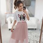 Set: Printed Short Sleeve T-shirt + Midi Mesh Skirt