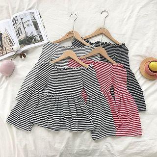 Color-block Striped Off-shoulder Flare-sleeve Top