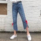 Bow Accent Ripped Cropped Jeans