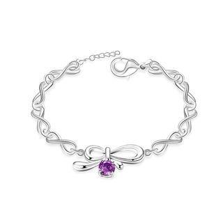 Simple Personality Bow Bracelet With Purple Austrian Element Crystal Silver - One Size