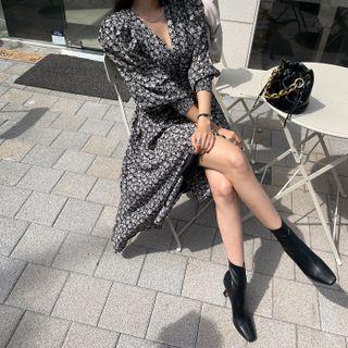 Puff-sleeve Shirred Floral Long Dress