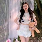 Short-sleeve Bear Print Knit Crop Top / Ruffle Mini A-line Skirt