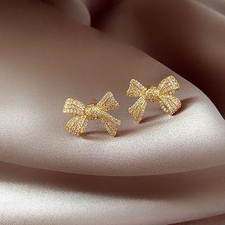 Rhinestone Ribbon Stud Earring 1 Pair - Silver Needle Earring - Gold - One Size