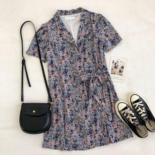 Floral Lace-up Short-sleeve Dress