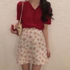 Short-sleeve V-neck Blouse / Mini Floral A-line Skirt