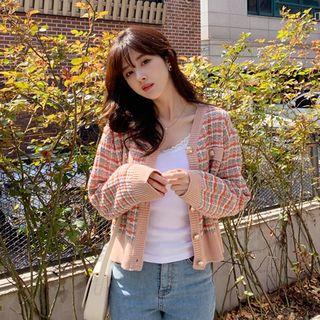 Drop-shoulder Metallic-button Tweed Cardigan Light Pink - One Size