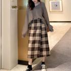 V-neck Lantern-sleeve Sweater / Plaid Midi A-line Skirt