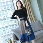 Set: Long-sleeve Plain Top + A-line Midi Skirt