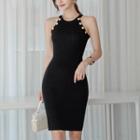 Halter-neck Mini Sheath Knit Dress Black - One Size