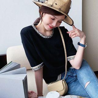 Contrast Trim Short-sleeve Knit Top Black - One Size