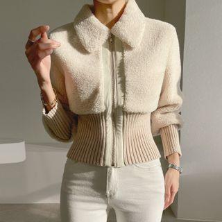 Rib-knit Panel Zip Dumble Jacket
