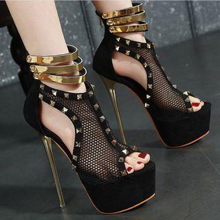 Platform Stiletto Heel Studded Mesh Panel Sandals