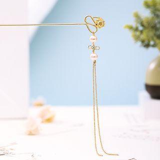 Faux Pearl Alloy Fringed Hair Stick Gold - One Size