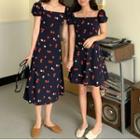 Cherry Print Puff-sleeve A-line Dress
